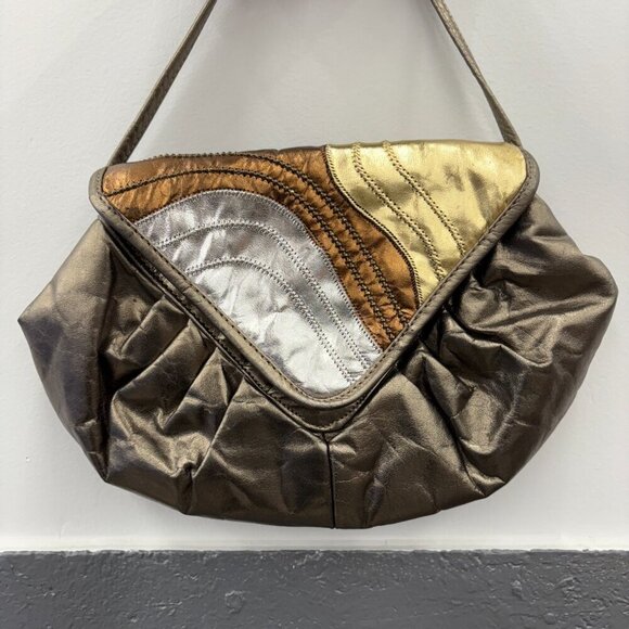 Atalla Vintage 80s 40s Art Deco Geometric Textural Metallic Genuine Leather Bag - Picture 2 of 16